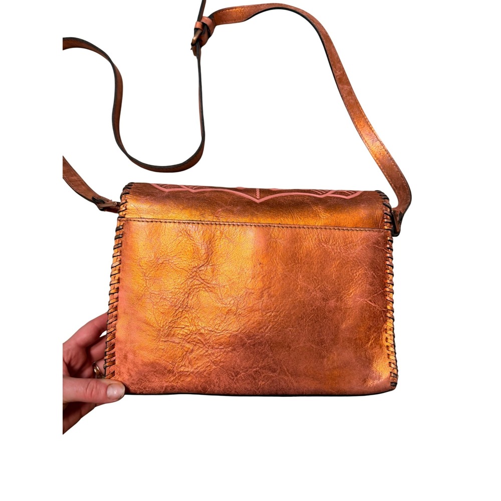 Patricia Nash Metallic Copper Pink Embossed Leather Crossbody Bag Whipstitch - Picture 2 of 10